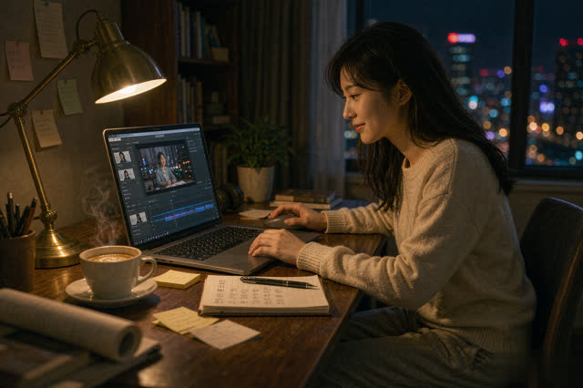 上班族夜晚在书房做副业剪辑