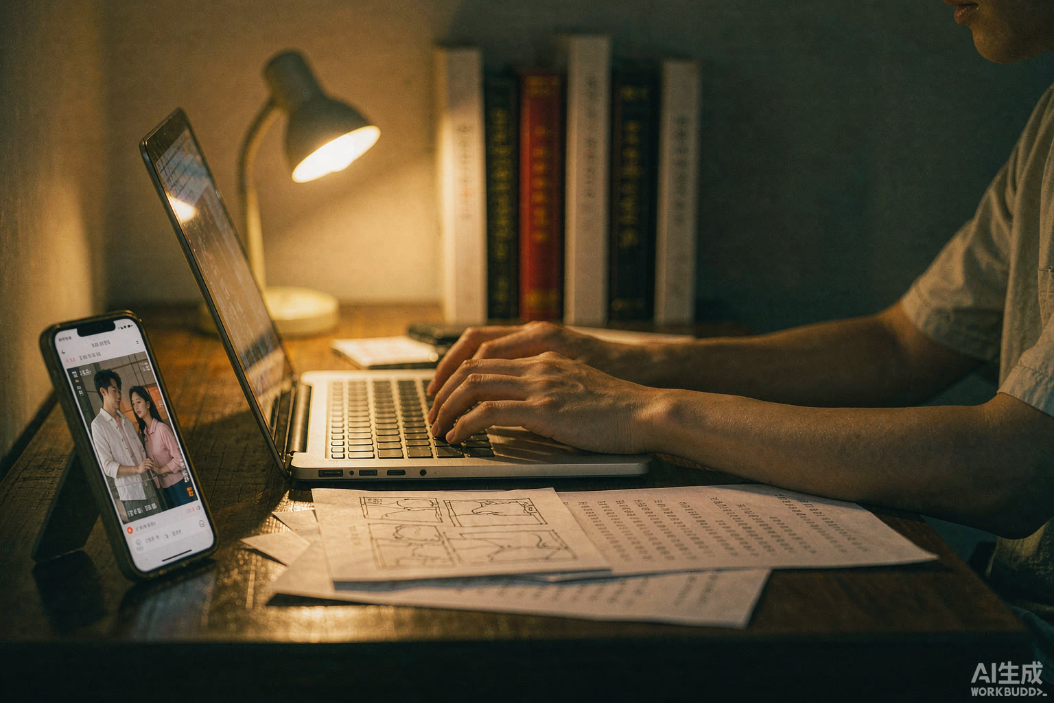 创作者在书桌前调用 Skill：剧本、分镜与手机竖屏预览